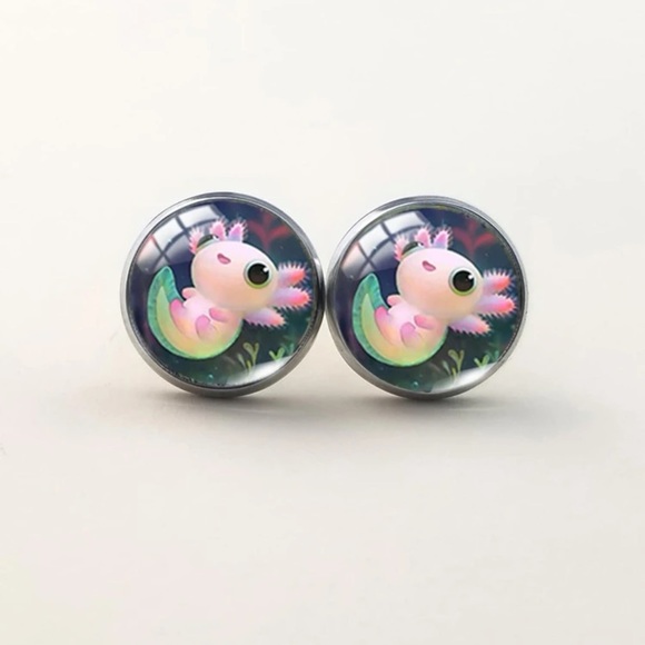 💕 Adorable Smiling Axolotl Button Stud Earrings 💕 - Picture 1 of 5